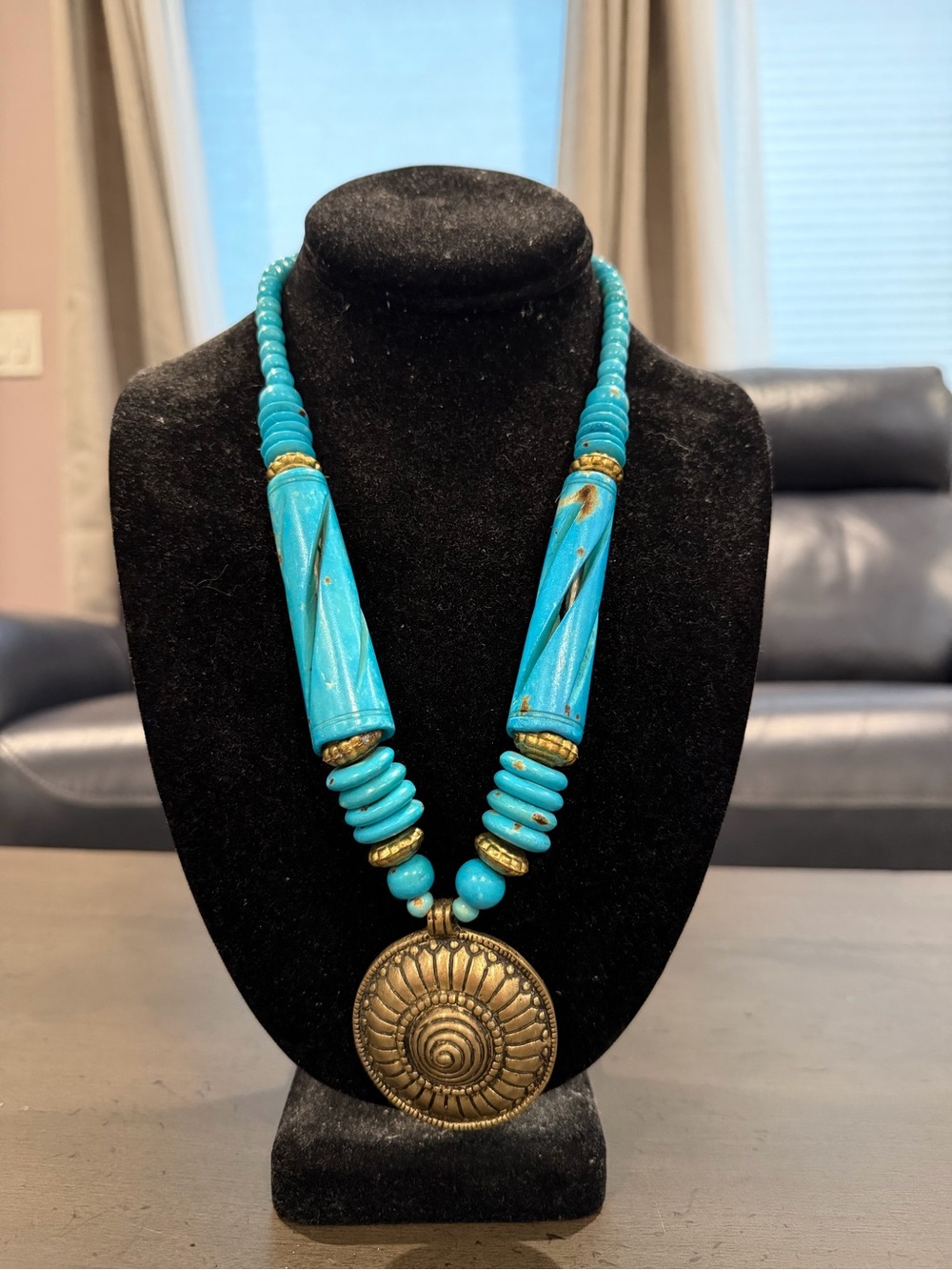 Turquoise Bead Necklace with Bronze Sunburst Pendant - Women Jewelry